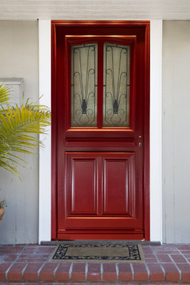 Porte d'entrée Bois Vitrée Martine Rouge pourpre, H.215xl.90 cm Côte Tableau p. Gauche, Poignee, Barillet, Bouton