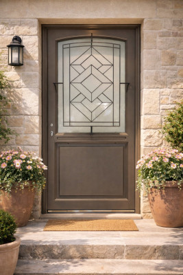 Porte d'entrée Bois Vitrée Elodie Gris Quartz, H.215xl.90 cm Côte Tableau p.Droit, Poignee, Barillet