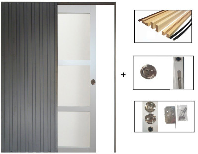 Porte Coulissante Greyria Gris Clair Vitrée H204 x L73 cm, Galandage, kit de finition