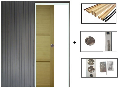 Porte Coulissante bois Ayous 3 Panneaux H204 x L83 cm, Galandage, kit finition