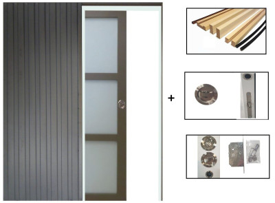Porte Coulissante Gris Beige Vitrée H204 x L73 cm, Galandage, Kit de finition