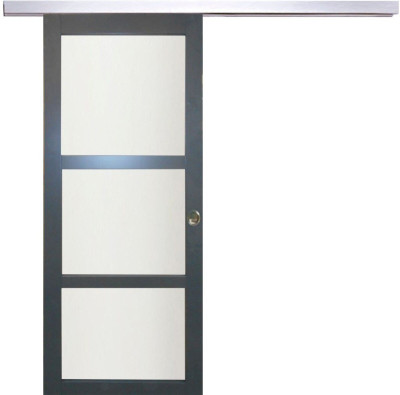 Porte Coulissante Blakeria Gris Anthr Vitrée H204 x L93 cm, Rail Alu, Coquilles
