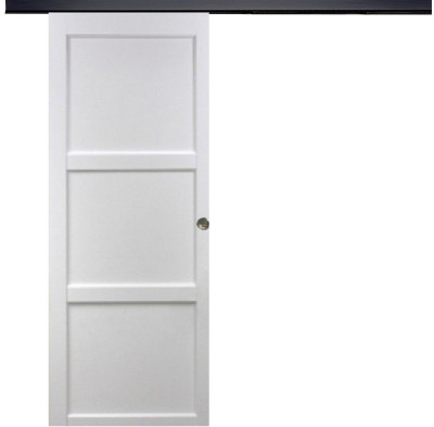 Porte Coulissante Korya Blanc 3 panneaux H204 x L83 cm, Rail Alu bandeau noir, Coquilles