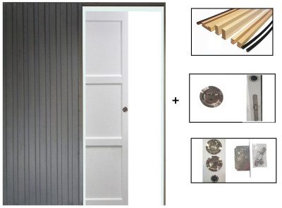Porte Coulissante Korya Blanc 3 panneaux H204 x L73 cm, Galandage, kit de finition