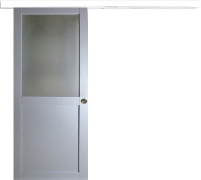 Porte Coulissante Athena Gris Clair Vitrée H204 x L83 cm, Rail Alu Bandeau blanc, Coquilles