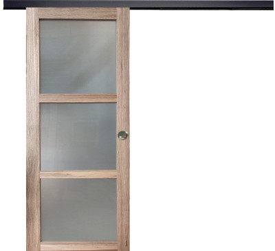 Porte Coulissante bois Frake Vitrée H204 x L73 cm, rail bandeau noir, coquilles