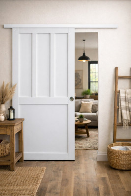 Porte Coulissante Atelier 2 panneaux blanc H204 x L83 cm, Rail Alu bandeau blanc, Coquilles