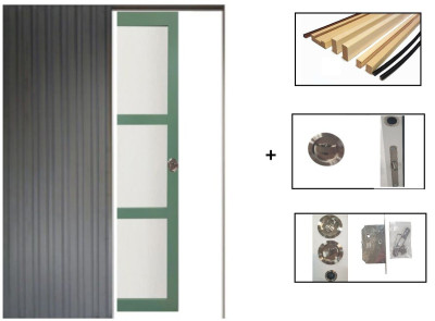 Porte Coulissante Vert Pâle Vitrée H204 x L83 cm, Galandage, kit de finition