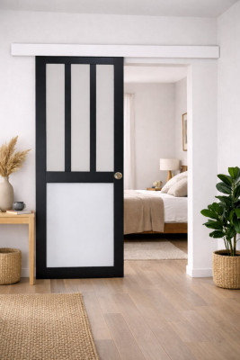 Porte Coulissante Atelier noir, blanc Vitrée H204 x L83 cm, Rail Alu Bandeau blanc, Coquilles