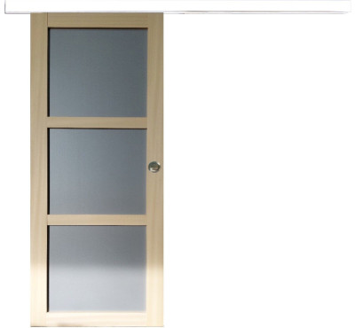 Porte Coulissante Ayous 3 Panneaux Gris Clair H204 x L83 cm, Rail alu Bandeau Blanc, Coquilles