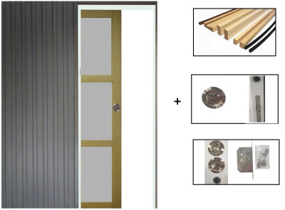 Porte Coulissante Ayous 3 Panneaux Gris Clair H204 x L83 cm,Galandage, kit finition