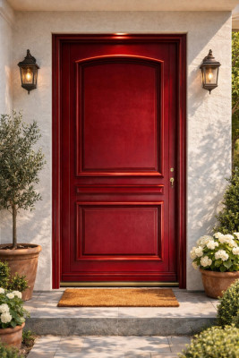 Porte d'entrée Bois Pleine Carene Rouge pourpre, H.215xl.90 cm Côte Tableau p.Gauche, Poignée, Barillet