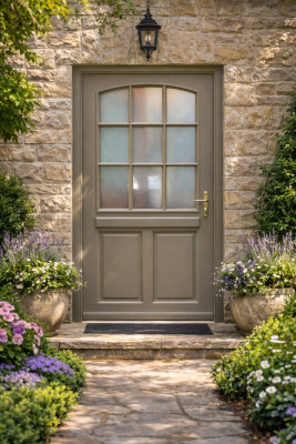 Porte d'entrée Bois Vitrée Alban Gris Quartz, H.215xl.90 cm Côte Tableau p. Gauche, Poignee, Barillet