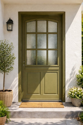 Porte d'entrée Bois Vitrée Andore Vert Gris Olive, H.215xl.80 cm Côte Tableau p.Droit, Poignee, Barillet