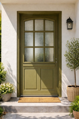 Porte d'entrée Bois Vitrée Andore Vert Gris Olive, H.215xl.80 cm Côte Tableau p, Gauche, Poignee, Barillet
