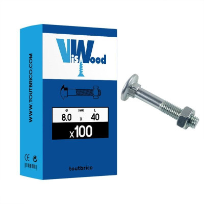 Boulons tête ronde collet carré 8x40 mm zingué boîte de 100 Viswood