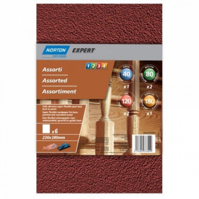 Assortiment de 6 feuilles abrasives super flexible pour bois 230x280 mm NORTON