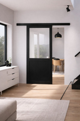 Porte Coulissante Atelier Noir Vitrée H204 x L93 cm sans meneau, Rail alu Bandeau Noir