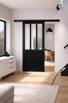 Porte Coulissante Atelier Noir H204 x L93 cm, Rail alu Bandeau Noir, Coquilles Noir
