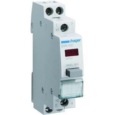 Bouton poussoir modulaire 2 contacts de fermeture avec voyant rouge 230V HAGER - SVN432