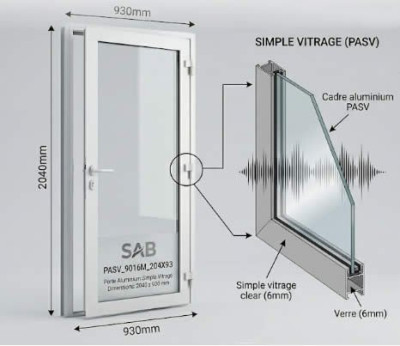 Kit porte en aluminium simple vitrage PASV couleur Blanc 9016 Satiné 2040x930mm PASV_9016M_204X93 - SAB Diffusion