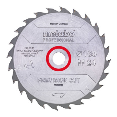 Lame de scie circulaire HW/CT 160 x 20 x 2,2/1,4, nombre de dents 24, affûtage en biseau alterné, angle d'attaque 20° METABO