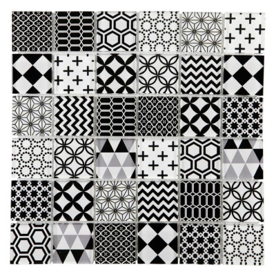 Mosaïque GRAFICO mix blanc/noir 4.8x4.8 cm sur trame 29.8x29.8 cm aspect brillant
