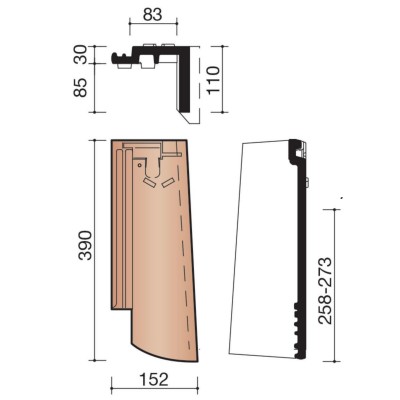 Demi-tuile de rive à rabat droit Vauban 2 Écaille ardoisée 390 x 152 x 110 mm KORAMIC