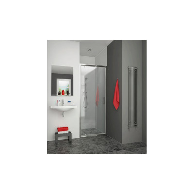 Porte de douche pivotante, pivots excentrés, EQUI, largeur 800 mm, hauteur 1900 mm, profilé blanc, verre Clair traité Anticalcaire ROTHALUX