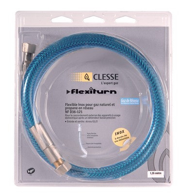 Tuyau flexible inox Flexiturn Res à raccords mécaniques pour gaz de réseaux avec système anti-torsion longueur 2 m CLESSE