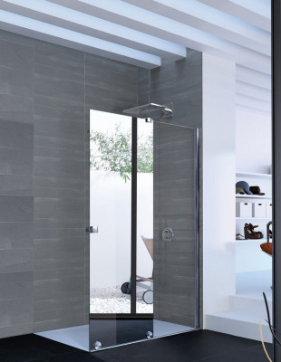 Paroi de douche coulissante Pureday verre fixe timeless porte effet miroir anti-plaque droite profilé chromé 140 cm 