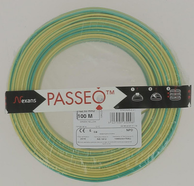 Fil électrique H07V-U Passeo vert jaune 1 x 2.5 mm2 couronne de 100 m NEXANS