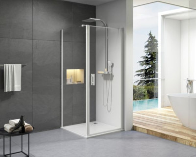 Paroi de douche Concerto blanc verre transparent 770 x 15 mm porte pivotante ouverture profilé