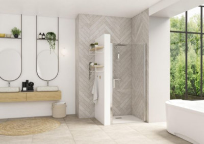Paroi de douche Smart Design porte pivotante sans seuil 90 cm profilé chromé verre transparent KINEDO DOUCHE