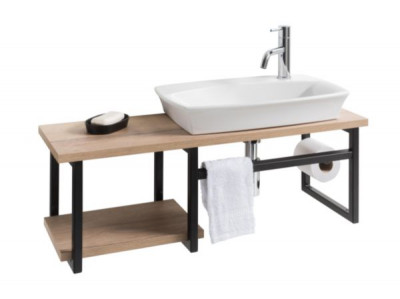 Lave-main Esquisse atelier avec dérouleur et Porte-serviettes intégrés finition métal noir mat et mélamine avec vasque céramique blanc à gauche sans trop-plein DECOTEC