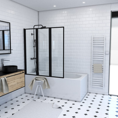 Pare-baignoire Pivotant 3 Volets Noir Mat - 125x143 cm - Verre Trempé 4 mm - ZAGGY DARK