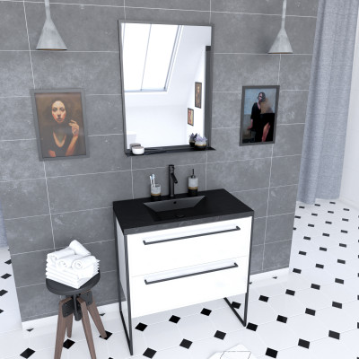 Pack meuble salle de bain 80x50 Blanc -2 tiroirs noir - vasque noir effet pierre et miroir noir mat
