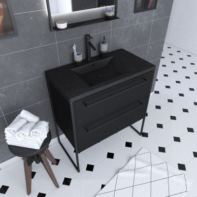 Meuble de salle de bain 80x50cm - 2 tiroirs - vasque résine noire effet pierre - STRUCTURA F051