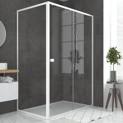 Pack porte de douche Coulissante blanc 140x185cm + retour 80 verre transparent 5mm - WHITY slide