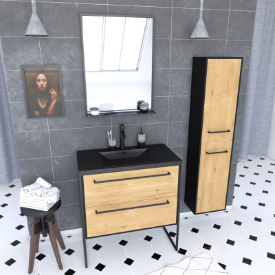 Ensemble Meuble de salle de bain blanc 80cm + vasque noir effet pierre + miroir + colonne rangement