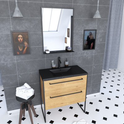 Meuble de salle de bain 80x50cm - tiroirs chêne brun - vasque résine noire effet pierre - miroir