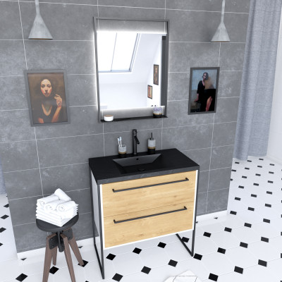 Meuble de salle de bain 80x50 cm + 2 tiroirs chêne naturel + vasque noir effet pierre + miroir led