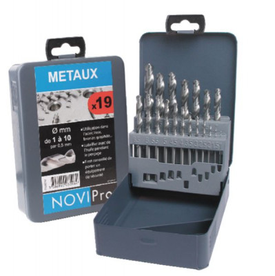 Coffret métal de 19 forets cylindriques HSS Pro 1 à 10 mm par 1/2 35 x 110 x 170 mm NOVIPRO