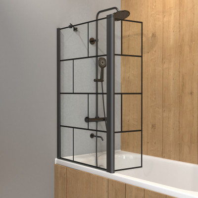 Pare baignoire avec volet pivotant - profile noir mat - 130x104 (HxL) - verre 5mm sérigraphié