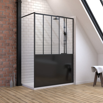 Pack Paroi de douche 140x200 cm noir mat - verre trempe 5mm + RECEVEUR A POSER RECTANGLE - 140x80cm
