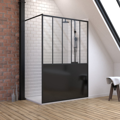 Pack Paroi de douche 140x200 cm noir mat + Receveur a poser en composite SMC 90x140 cm