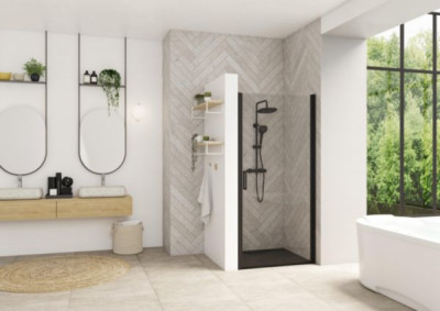 Paroi de douche Smart Design porte pivotante sans seuil profilé noir verre transparent 80 cm KINEDO DOUCHE 
