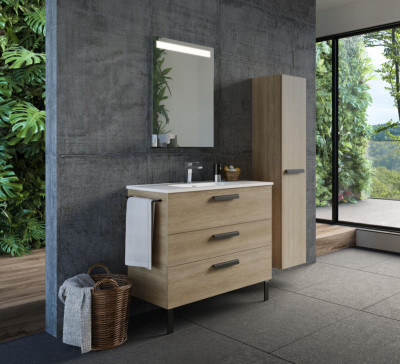 Meuble sous-vasque Domino 3 tiroirs pour vasque centrée chêne clair naturel 75 cm