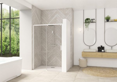 Porte de douche Smart Design coulissante sans seuil profilé blanc verre transparent gauche 120 cm KINEDO DOUCHE
