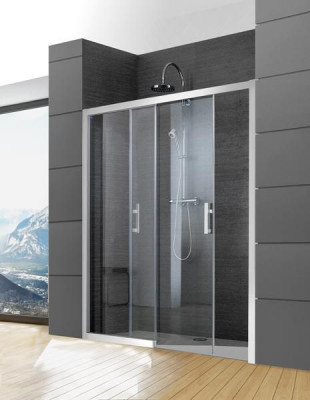 Paroi de douche Jazz + face coulissante 2 vantaux sans seuil en verre transparent argent brillant 2000 x 1400 mm LEDA